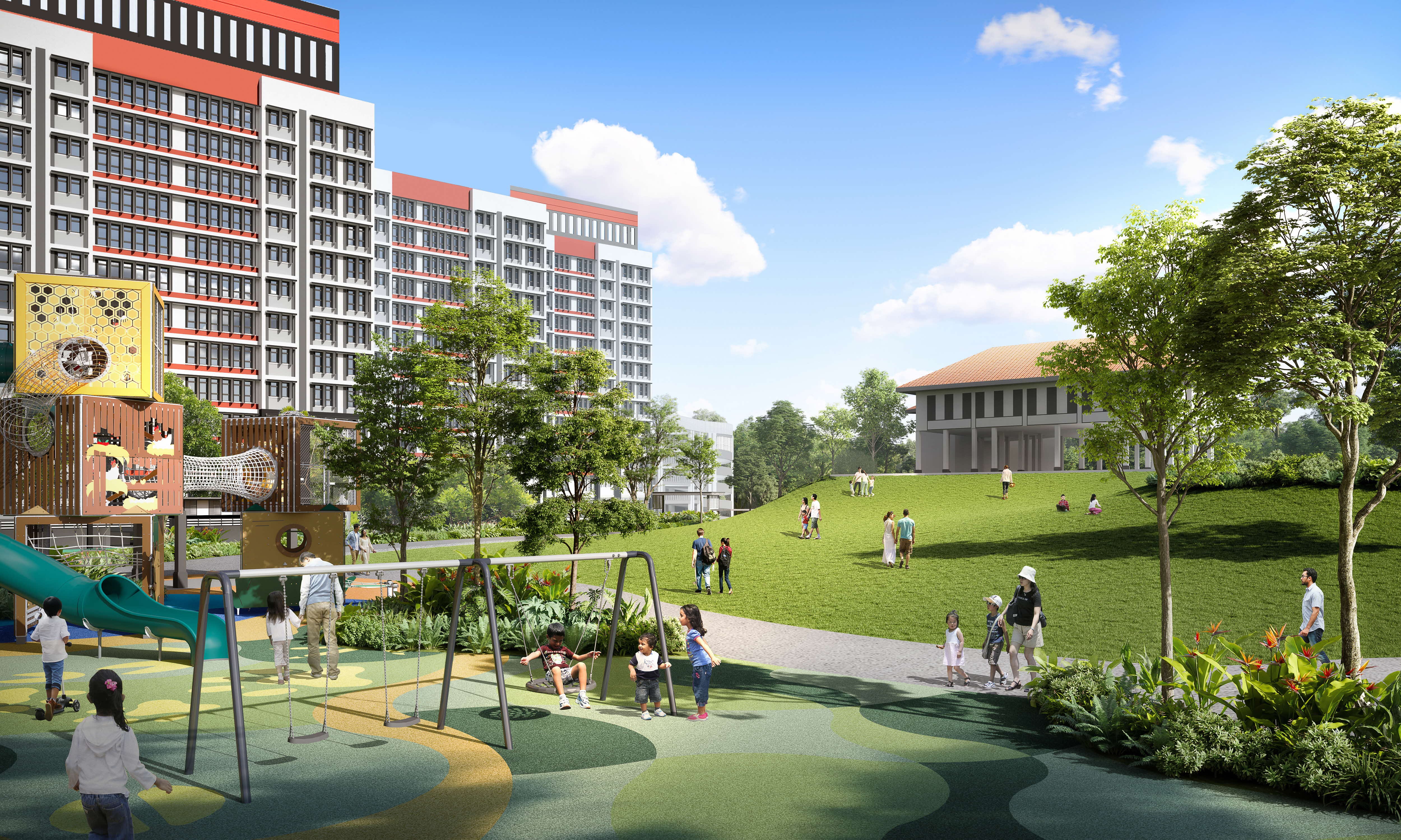 Landscape view of a modern park featuring playgrounds, people, greenery, and residential buildings under a clear sky.